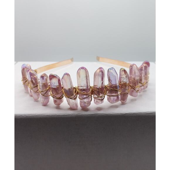 Gold Tone Quartz Crystal Tiara Headband – Electroplated Gemstone Crown - Picture 3 of 5